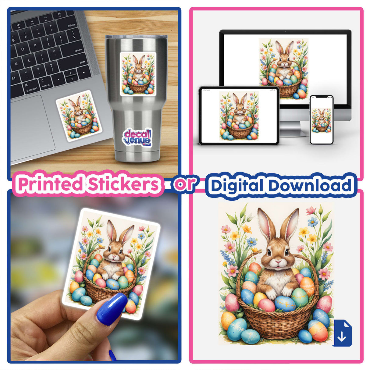 A collage featuring A Cute Easter Bunny In A Basket With Eggs, showcasing a whimsical design available as stickers or digital artwork from Decal Venue.