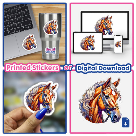 Vibrant horse head artwork featured on printed stickers and digital downloads, showcasing the unique designs available from the Decal Venue store.