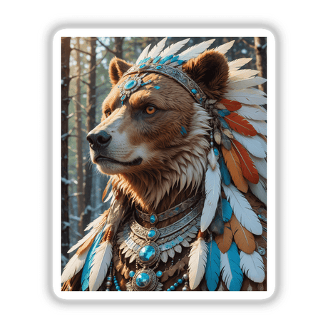 Native American Warrior Bear depicted as a brown bear wearing a feather headdress, available as unique vinyl stickers or digital artwork from Decal Venue.