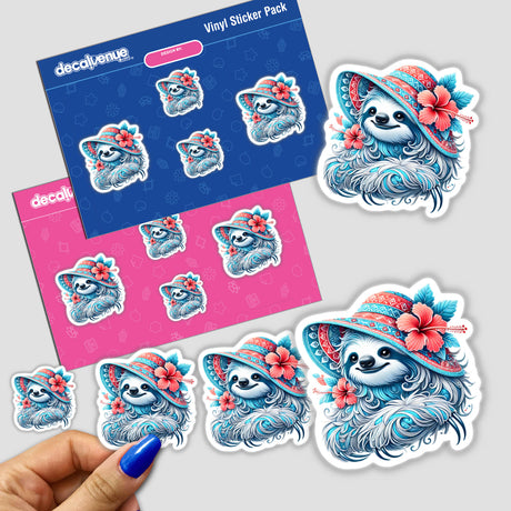 Colorful sloth stickers with Hawaiian-inspired floral accents, featuring a vibrant digital artwork design with tropical details, available as a vinyl sticker pack from DecalVenue.