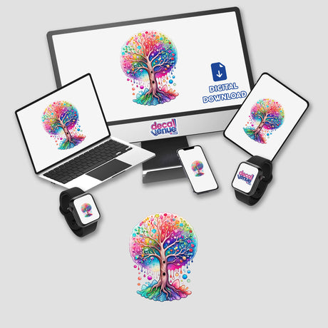 Computer monitor, laptop, phone, and smartwatch display the Tree of Life Watercolor: Rainbow Floral Splash design, available as stickers or digital artwork.