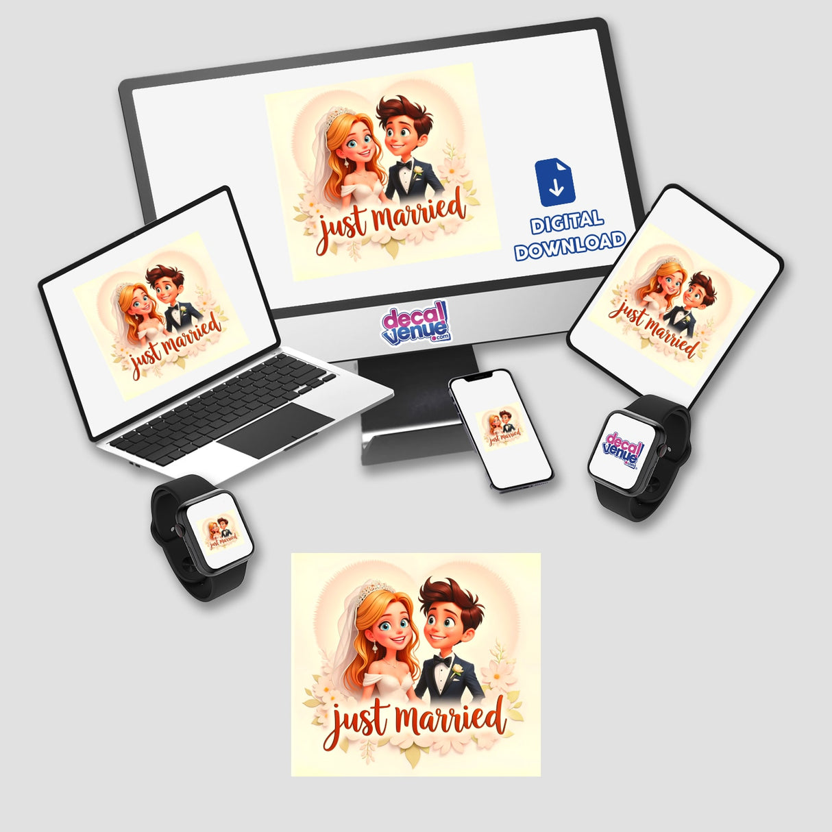 A Cute Bride And Groom Just Married cartoon displayed on a computer monitor and laptop screens, available as unique stickers or digital artwork from Decal Venue.