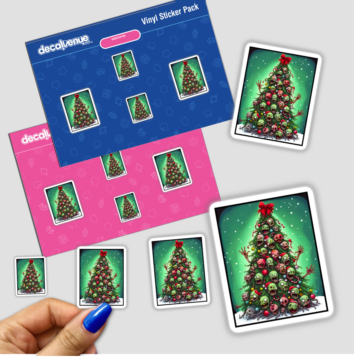 Oh Zombie Tree sticker features a whimsical Christmas tree with skulls, reflecting Decal Venue's unique blend of festive and edgy digital art. Available as stickers or digital artwork.