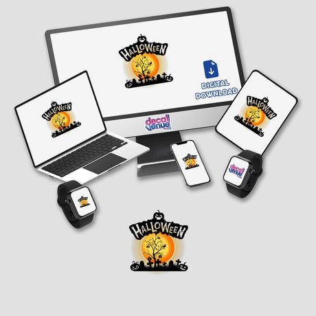 Halloween Icon featuring a computer monitor, laptop, tablet, and other devices displaying a Halloween-themed logo, available as stickers or digital artwork.