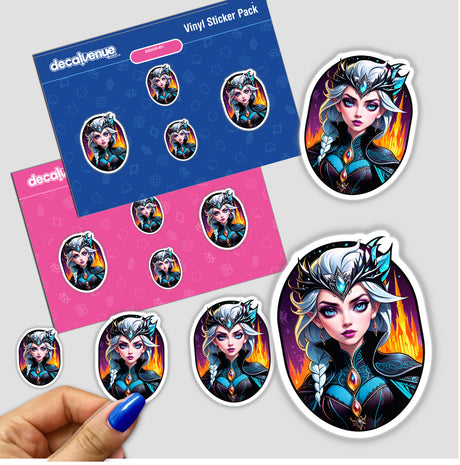 An Evil Queen Anime Girl sticker pack held by a hand, featuring various cartoon illustrations of a female character, available as vinyl stickers or digital artwork at Decal Venue.