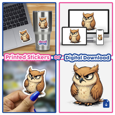 Cute Grumpy Owl collage featuring various cartoon owl illustrations, including stickers and digital artwork.