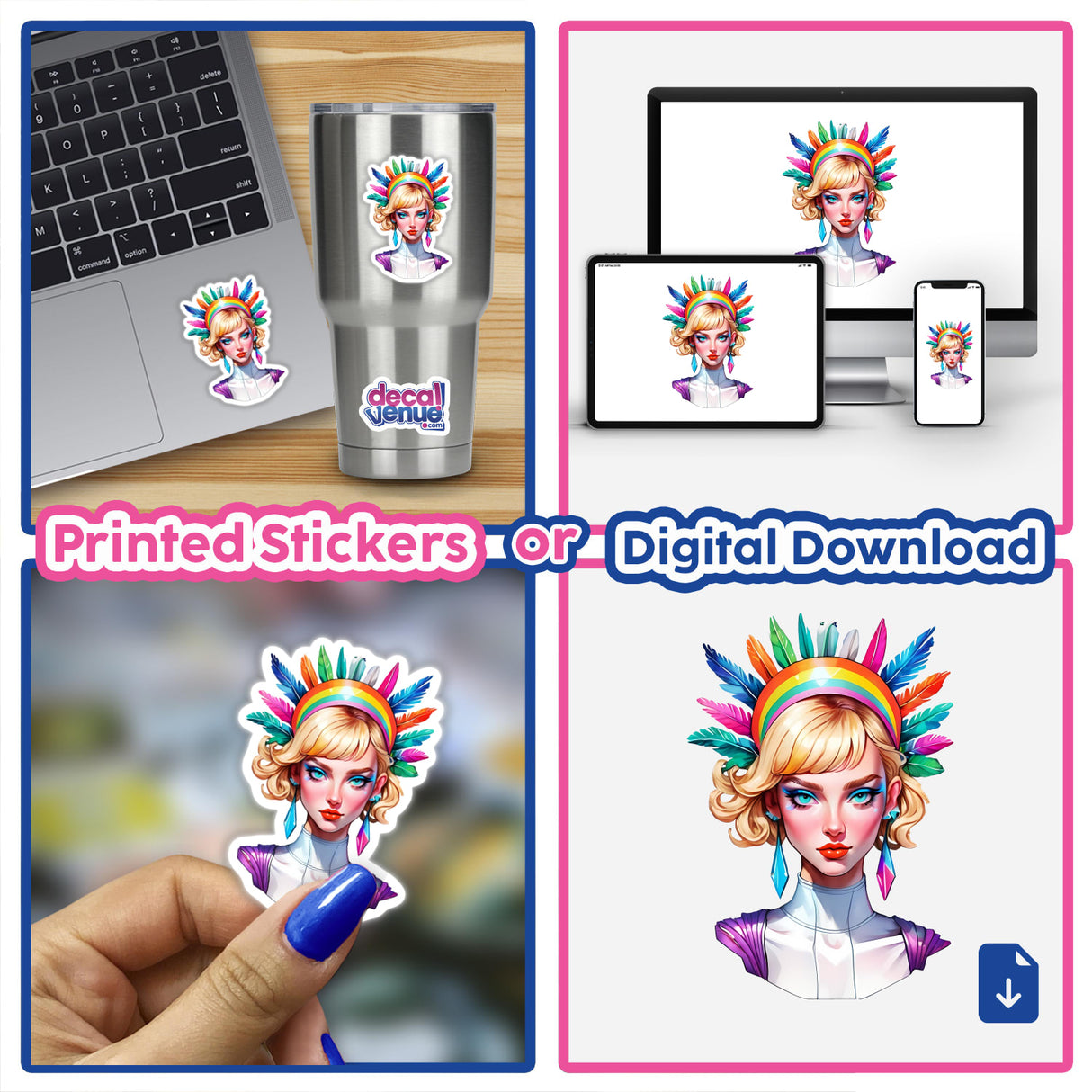 Feathered Pop Artist Sticker featuring a woman with colorful feathers on her head, available as stickers or digital artwork, showcasing a bright, edgy design with bold colors.