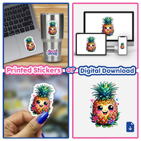 Sunshine Smiles: Rainbow Floral Pineapple Sticker displayed on a laptop, showcasing a vibrant cartoon pineapple with flowers, ideal for adding a cheerful touch to your devices.