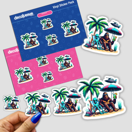 Sasquatch and Alien Chillin on Beach sticker pack features a cartoon of a gorilla and alien relaxing on a beach. Available as stickers or digital artwork from Decal Venue.