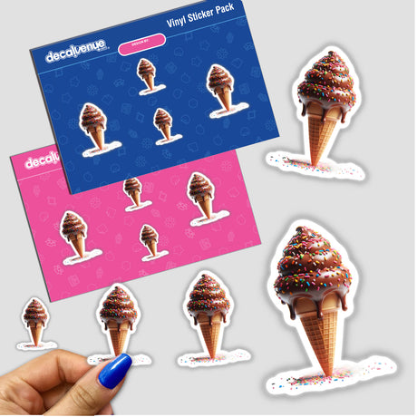 Decadent chocolate ice cream cones with colorful sprinkles depicted on a vinyl sticker pack from Decal Venue, an online store offering unique digital artwork and stickers for self-expression.
