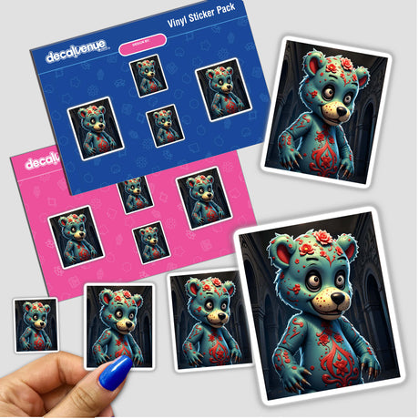 Cartoon sticker featuring A Macabre Scary Bear in a blue bear suit, available as stickers or digital artwork from Decal Venue.