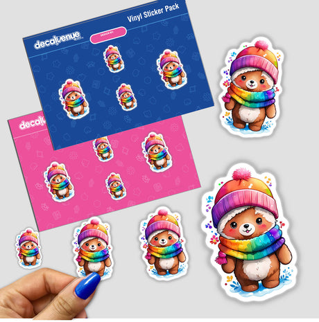 Adorable Winter Teddy Bear Sticker featuring a kawaii cartoon bear wearing a hat and scarf, shown in a sticker pack and close-up views of individual stickers.