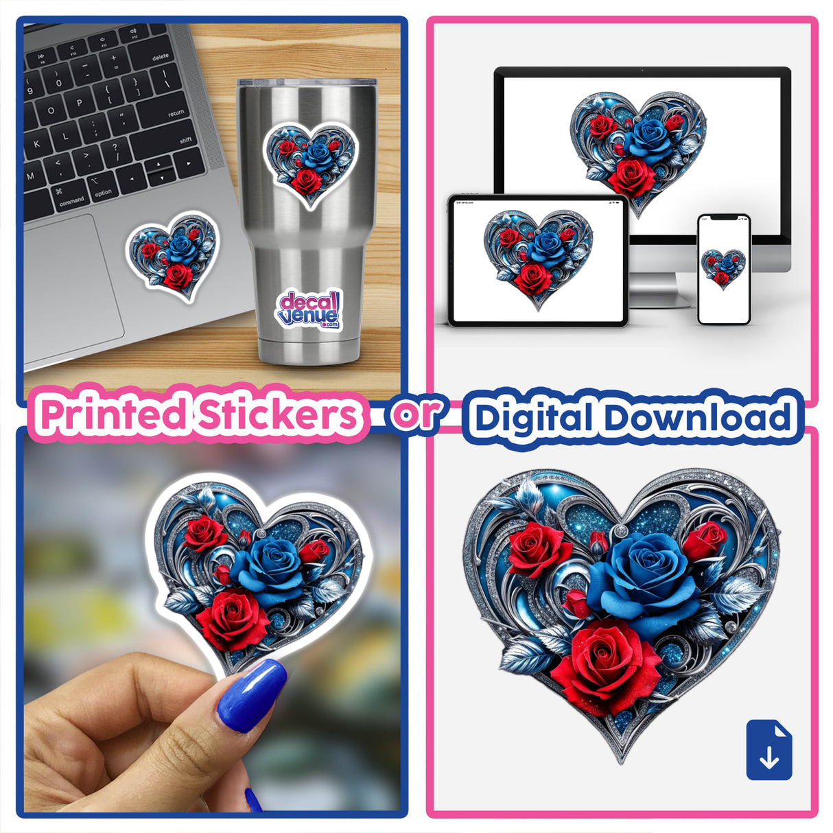 Luxurious Silver Blue Heart with Red and Blue Roses depicted on a laptop, showcasing intricate floral details, available as stickers or digital artwork from Decal Venue.