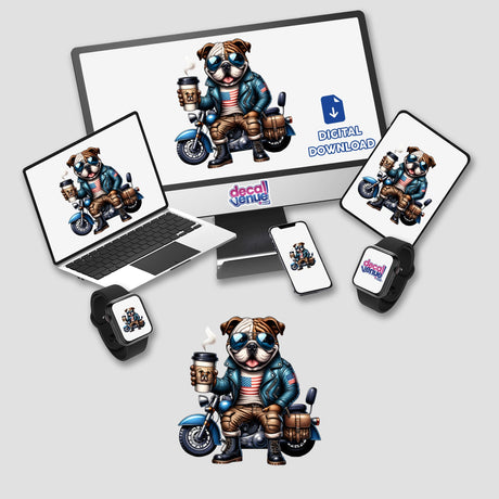 Patriotic bulldog on motorcycle with coffee, digital artwork from Decal Venue featuring a stylized illustration of a bulldog rider with American flag elements.