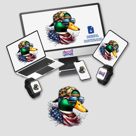 Mallard Duck American Stud: A cartoon duck wearing sunglasses and a hat is displayed on a computer screen, available as unique stickers or digital artwork from Decal Venue.