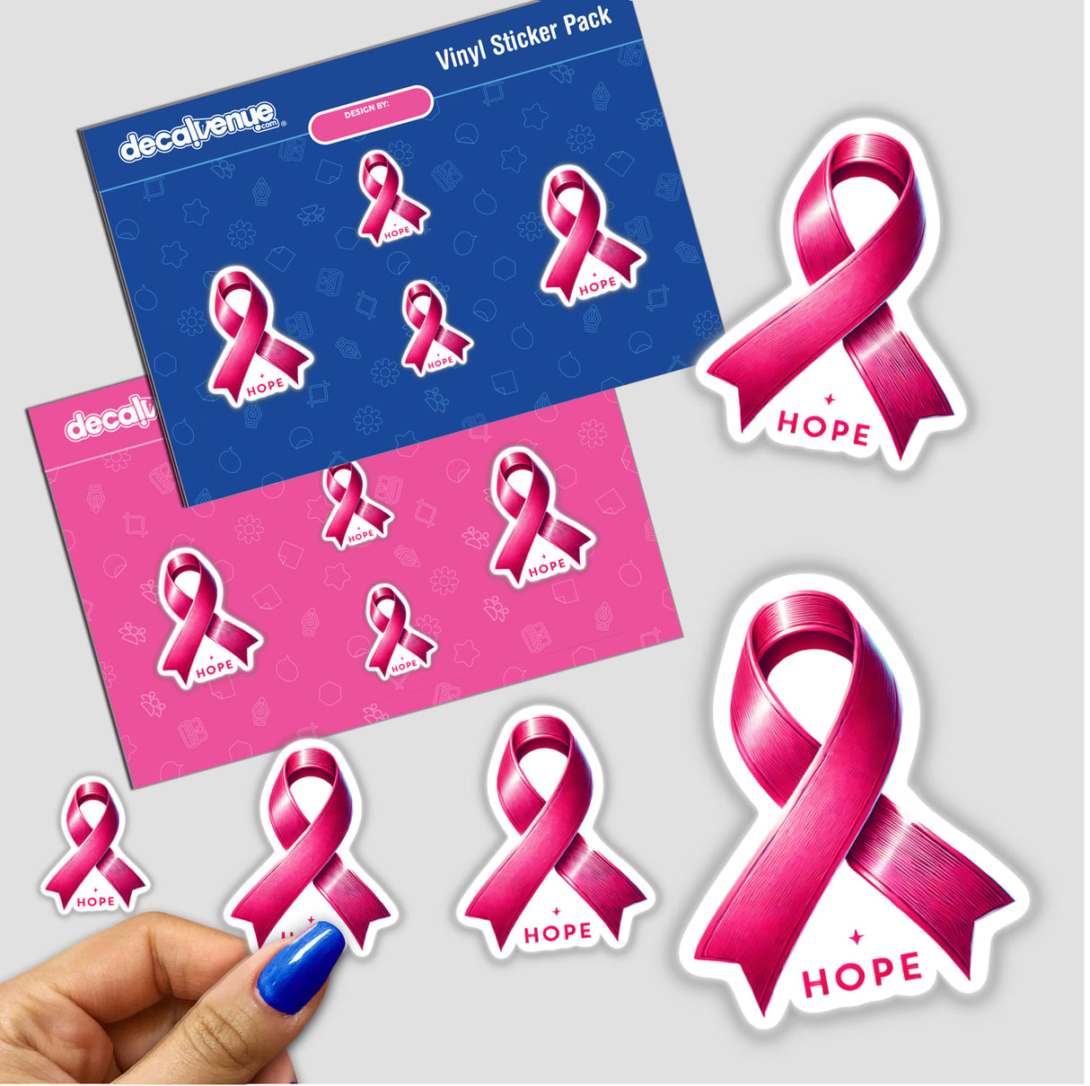 Hope Pink Ribbon Breast Cancer Awareness sticker held by a hand, featuring a close-up of the sticker with a pink ribbon design.