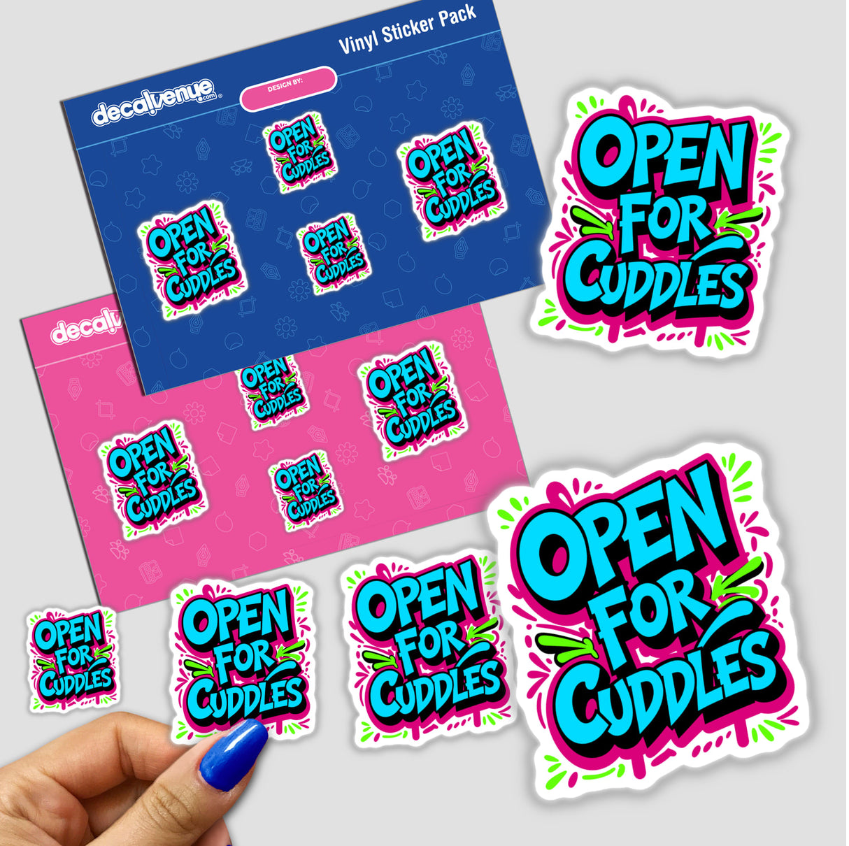 Hand holding a sticker featuring the Open For Cuddles Funny Quote, available from Decal Venue. The sticker exemplifies the store's unique vinyl sticker collection.