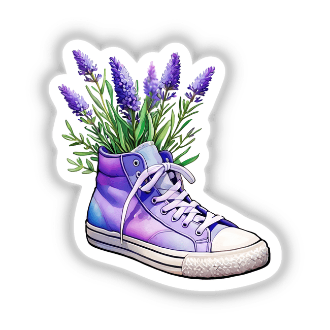 Lavender Bouquet in High-Top Sneakers: A purple high-top sneaker filled with blooming lavender flowers, available as stickers or digital artwork.