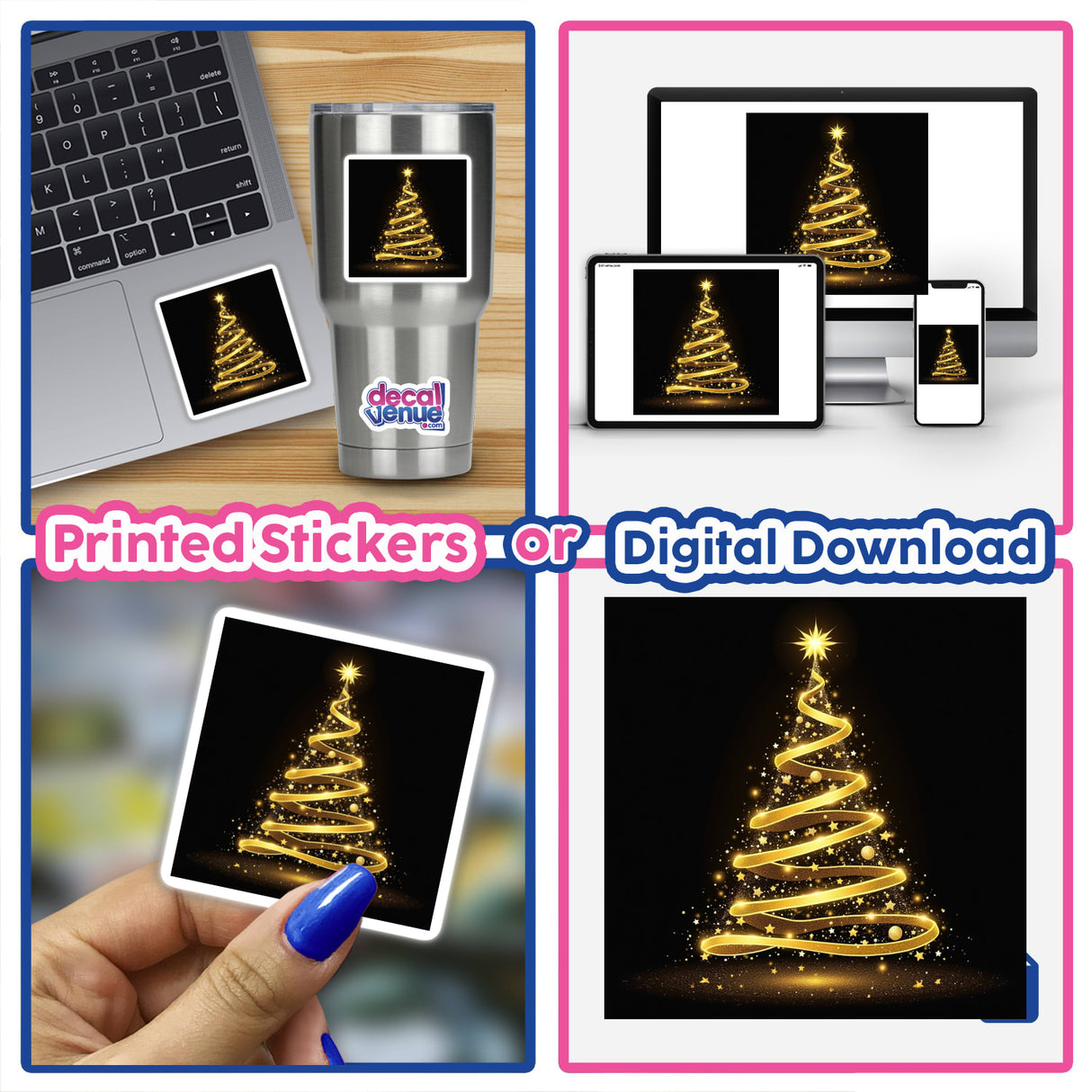 Collage featuring a Gold Christmas Tree design, available as stickers or digital artwork. Highlights include a silver mug and digital displays showcasing the festive tree from Decal Venue's unique collection.