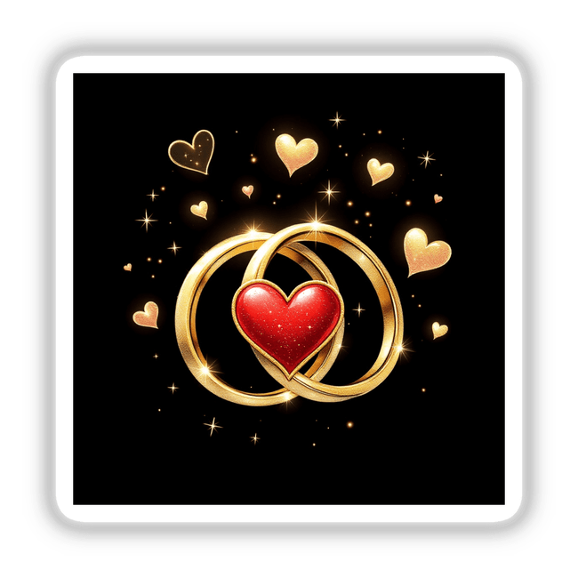 Interlocked Rings with Red Heart Charm and Twinkling Lights, available as stickers or digital artwork, features a red heart with gold borders and rings, perfect for unique Valentine's-themed decor.