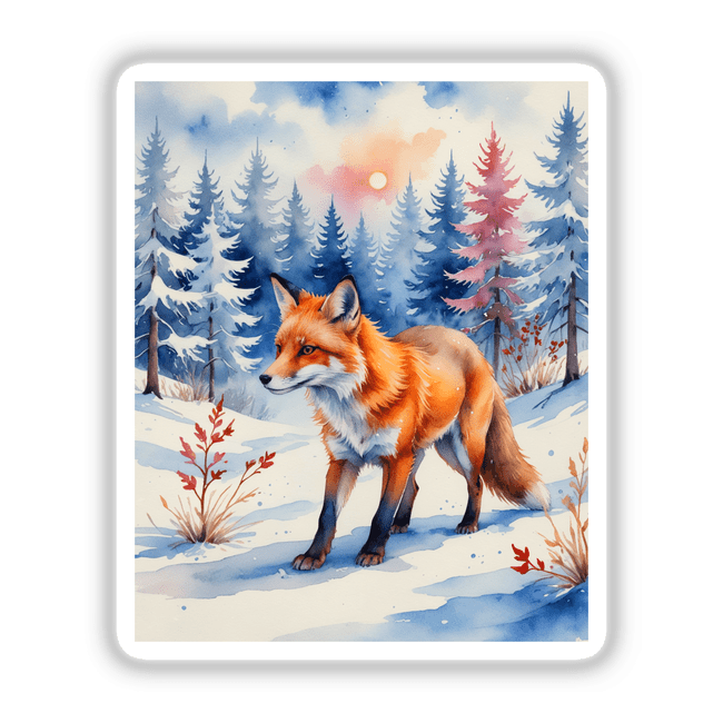 A Red Fox In A Winter Forest captured in a watercolor style, available as stickers or digital artwork from Decal Venue, showcasing unique and artistic wildlife depictions.