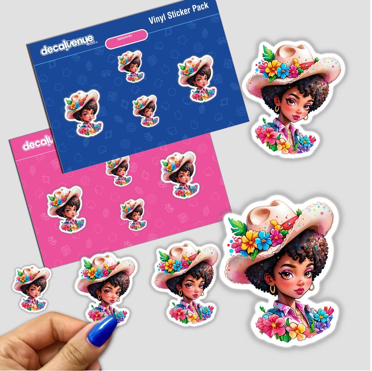 Adorable Afro Cowgirl Sticker - Stylish Kawaii Western-Inspired Design featuring a cartoon woman with flowers and a hat, included in a sticker pack with charming, detailed characters.