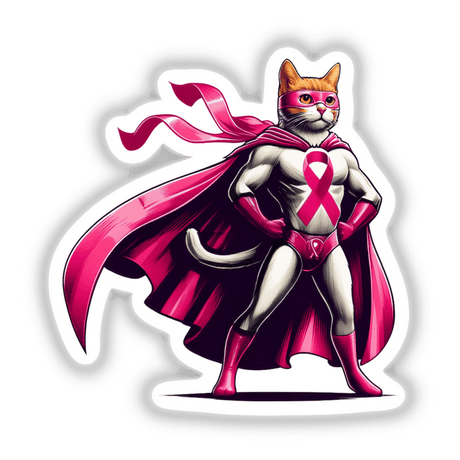 Superhero Cat Pink Ribbon Breast Cancer sticker or digital artwork featuring a cartoon cat in a pink cape and mask, symbolizing strength and awareness.