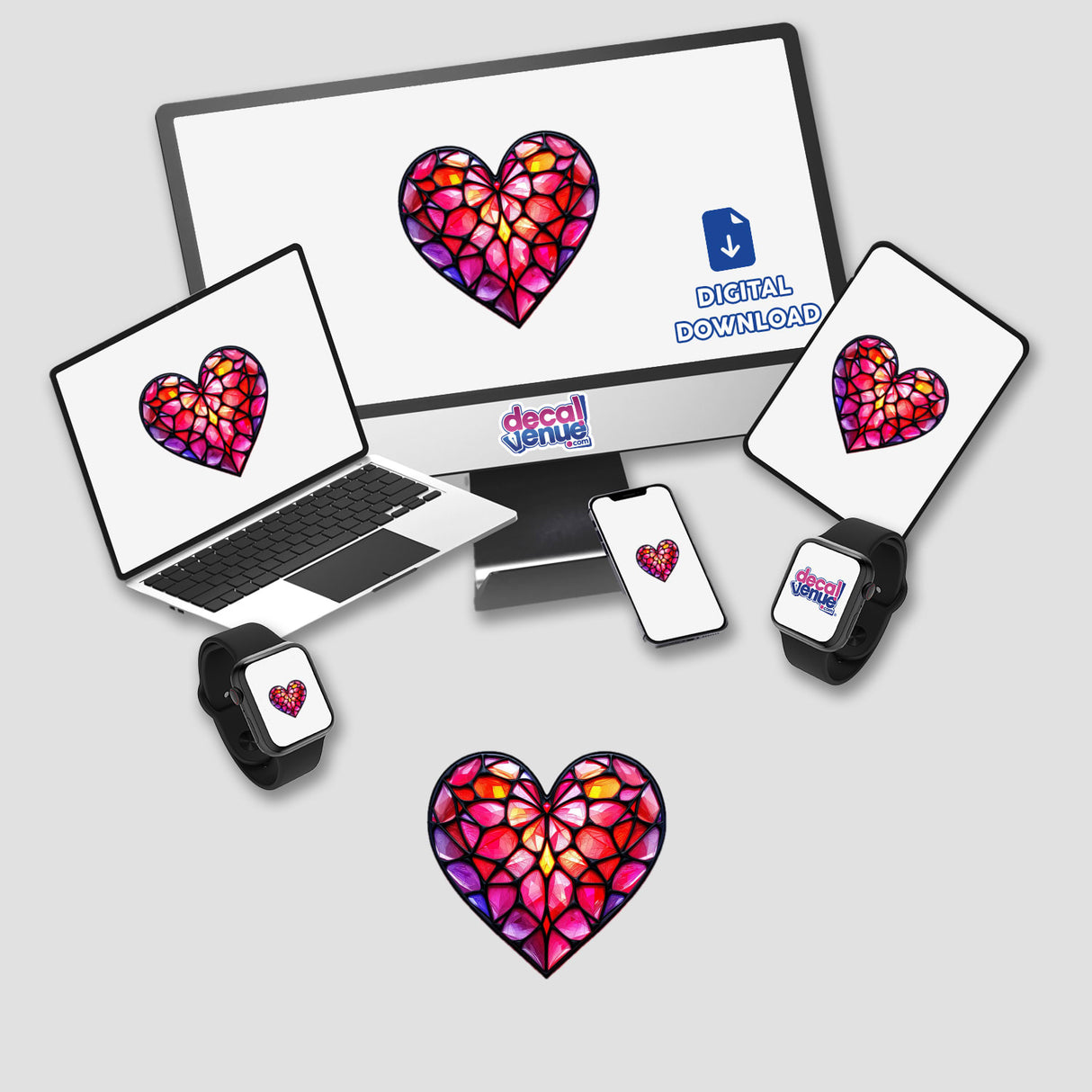 Heart Stained Glass Style design displayed on a computer monitor and laptop, showcasing vibrant, colorful hearts. Available as stickers or digital artwork from Decal Venue.