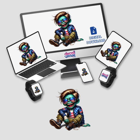 Computer monitor and laptop displaying cartoon characters, including a Patriotic Leather Zombie Aviator wearing sunglasses, available as stickers or digital artwork.