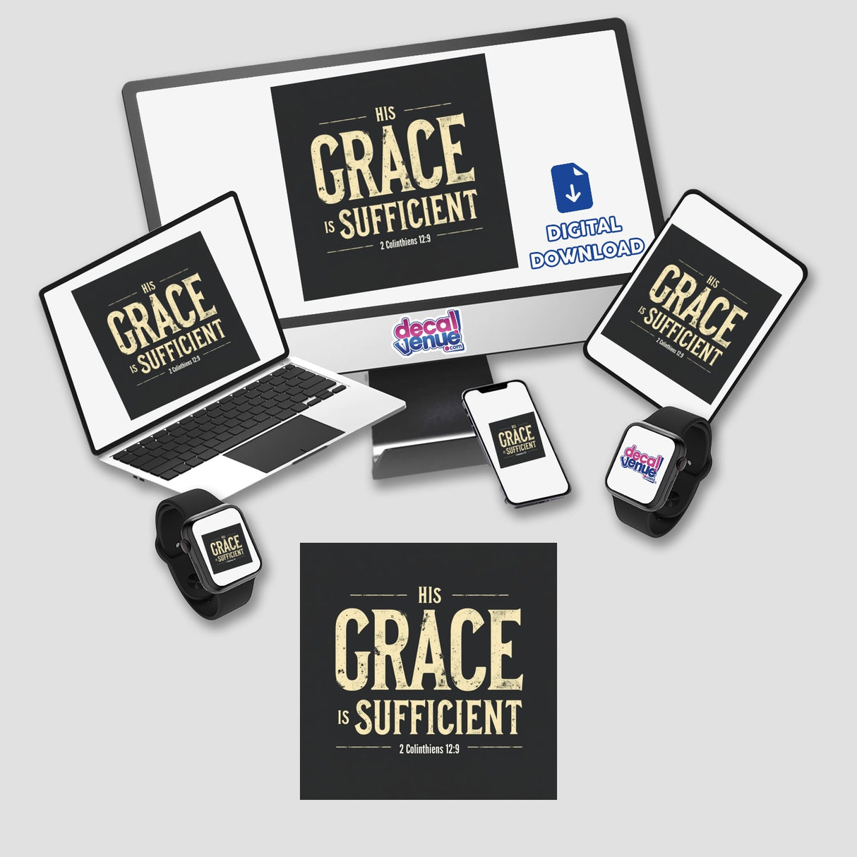 His Grace is Sufficient Sticker or Clipart, inspired by 2 Corinthians 12:9, featuring uplifting Christian affirmation in a digital design for commercial use.