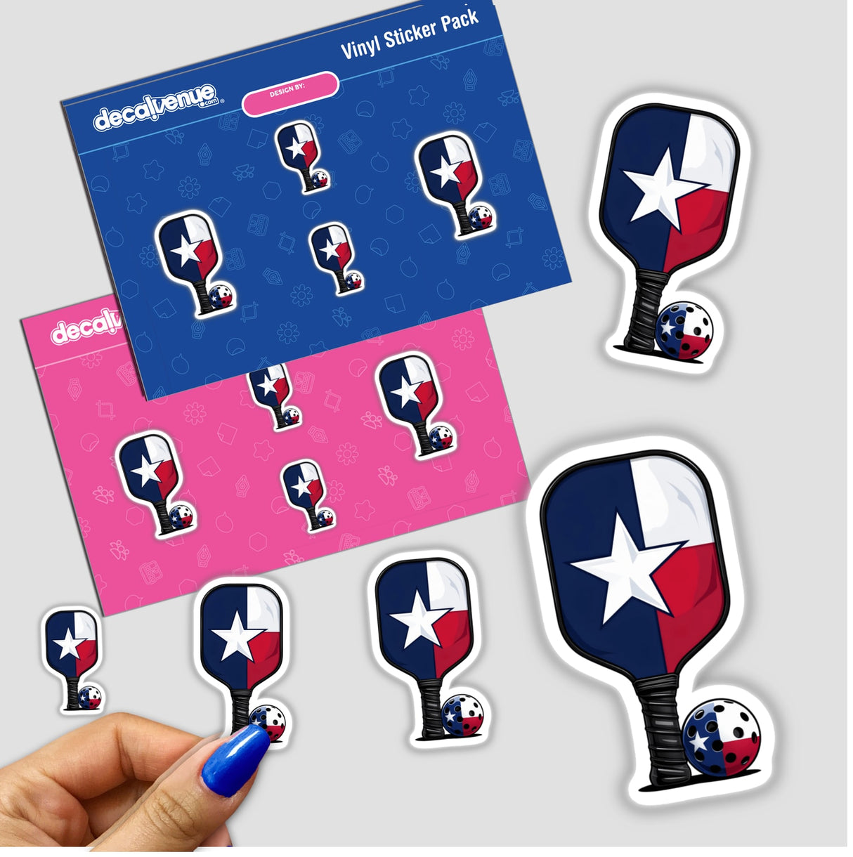 Pickleball Paddle Texas Theme sticker features a paddle, ball, and Texas flag elements, available as vinyl stickers or digital artwork, embodying Decal Venue's unique design style.