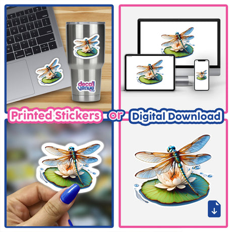 Vibrant dragonfly on lilypad digital artwork surrounded by various digital devices. Colorful sticker design showcasing the detailed nature scene.