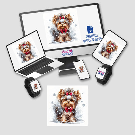 Holiday Winter Yorkie Dog depicted on a computer monitor, laptop, and various devices, available as stickers or digital artwork, showcasing the Yorkie with a bow tie.