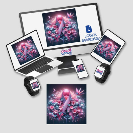 Breast Cancer Silver Series 7 digital artwork featuring a computer monitor, laptop, tablet, and smartphone with pink ribbons and flowers displayed on their screens. Available as stickers or digital art.