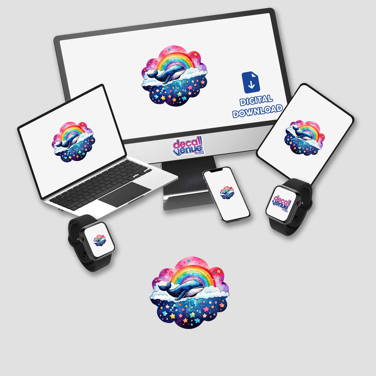 Computer monitor and laptop displaying Dreamy Whale: Sleeping on a Cloud with Stars and Rainbow artwork. Available as stickers or digital artwork from Decal Venue.