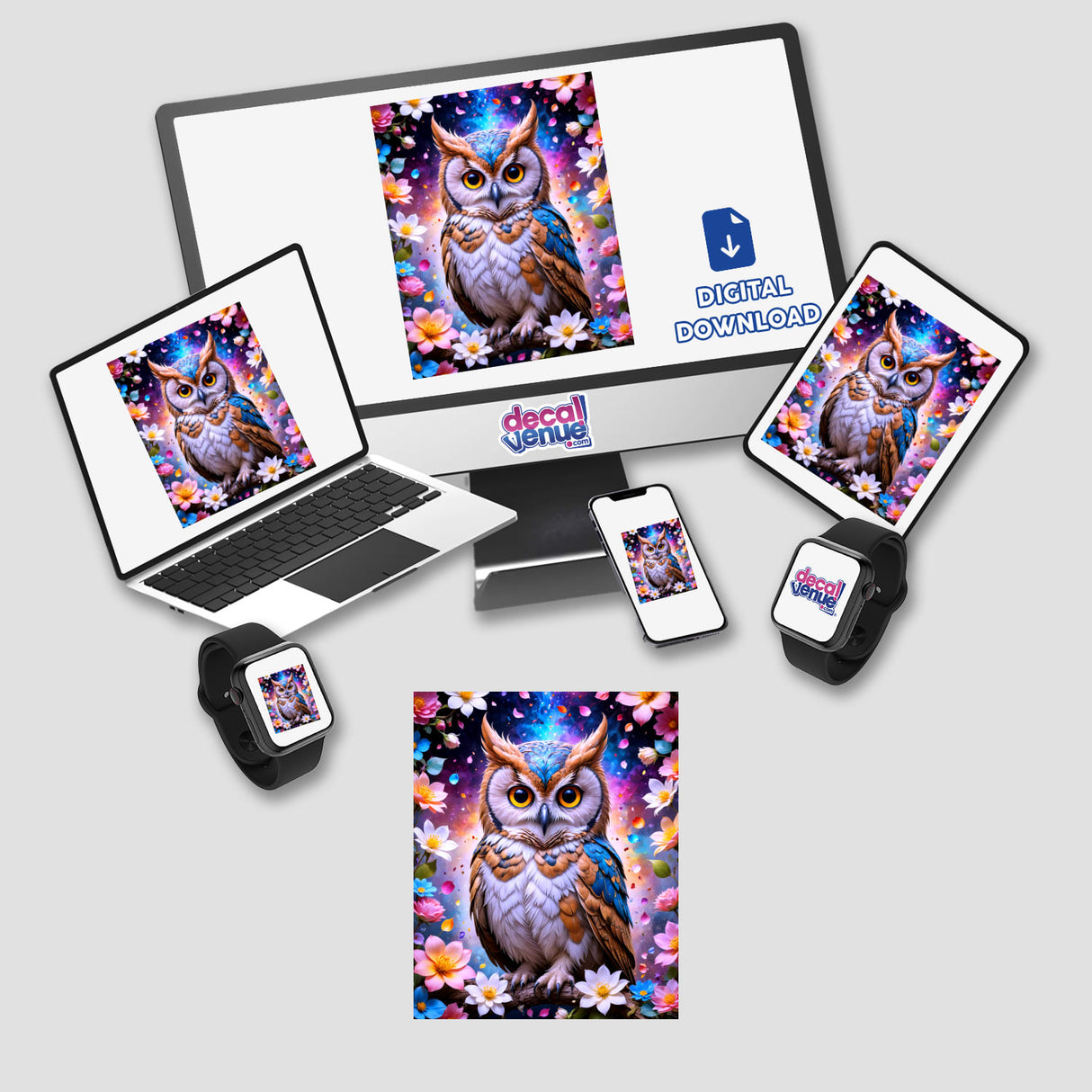 A Lovely Owl With Blooming Flowers on screens of various devices, showcasing the detailed sticker or digital artwork available from Decal Venue.