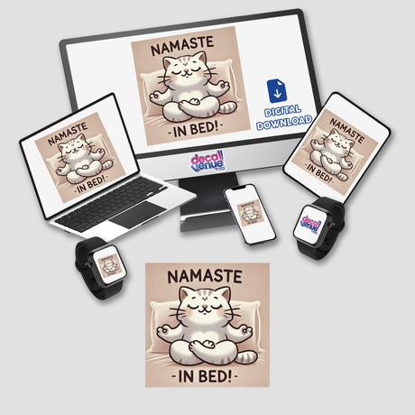 Yoga Cat - Namaste in bed: Cartoon of a meditating cat displayed on multiple digital devices, available as stickers or digital artwork from Decal Venue.