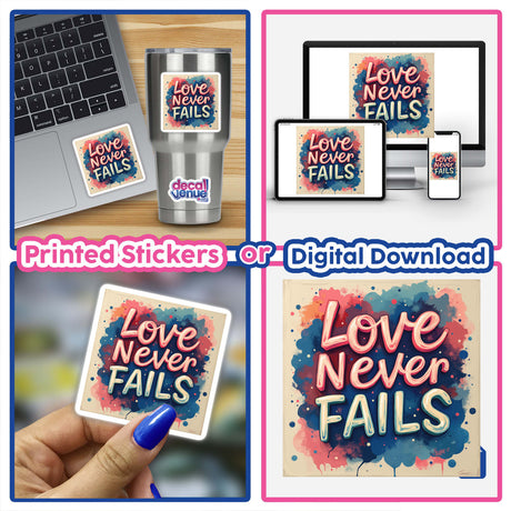 Love Never Fails Christian Sticker or Clipart featuring a laptop adorned with a sticker, a person painting a fingernail, and a colorful poster, representing Decal Venue's unique digital art offerings.