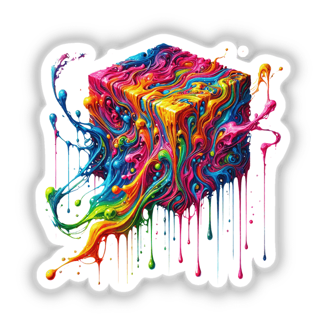 Rainbow Melting Cube Art features a psychedelic dripping geometric shape with vibrant paint splatters, available as stickers or digital artwork, exemplifying Decal Venue's unique artistic flair.