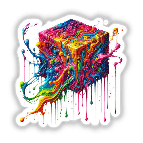 Rainbow Melting Cube Art features a psychedelic dripping geometric shape with vibrant paint splatters, available as stickers or digital artwork, exemplifying Decal Venue's unique artistic flair.