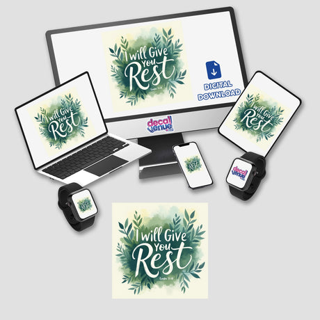 I Will Give You Rest – Exodus 33:14 Christian Sticker or Clipart, featuring a computer monitor, laptop, phone, and smartwatch displaying digital elements, ideal for inspirational designs.