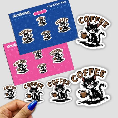 Grouchy Morning Coffee Cat sticker features a cartoon cat holding a coffee mug, embodying a humorous grumpy morning vibe. Ideal for sticker enthusiasts or digital art collectors.