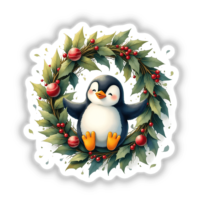 Cheerful Penguin in a Christmas Wreath design, showcasing a cartoon penguin nestled within a festive wreath, available as stickers or digital artwork from Decal Venue.