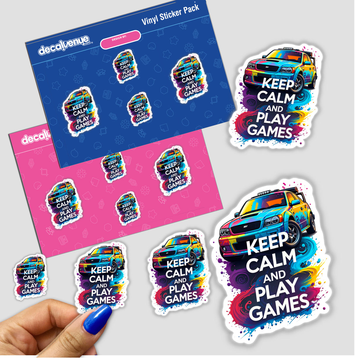 Hand holding a Keep Calm And Play Games Gaming Quote sticker, showcasing vibrant design elements suitable for stickers or digital artwork, reflecting Decal Venue's unique collection.