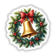 Christmas Bell in a Holiday Wreath: A gold bell adorned with a red bow and holly leaves, available as stickers or digital artwork, reflecting Decal Venue's unique collection.