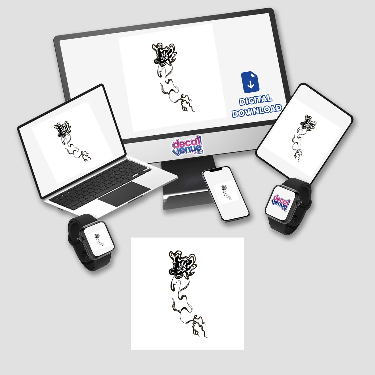 Abstract flower design displayed on a computer monitor and laptop, available as stickers or digital artwork. The screen shows a detailed black and white flower drawing.