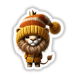 Cute lion gnome with a tiny crown wearing a cozy knit hat and matching outfit, digital artwork illustration from Decal Venue.