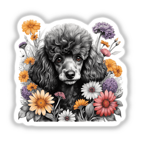 Black Poodle Dog Portrait Floral Accents PA34