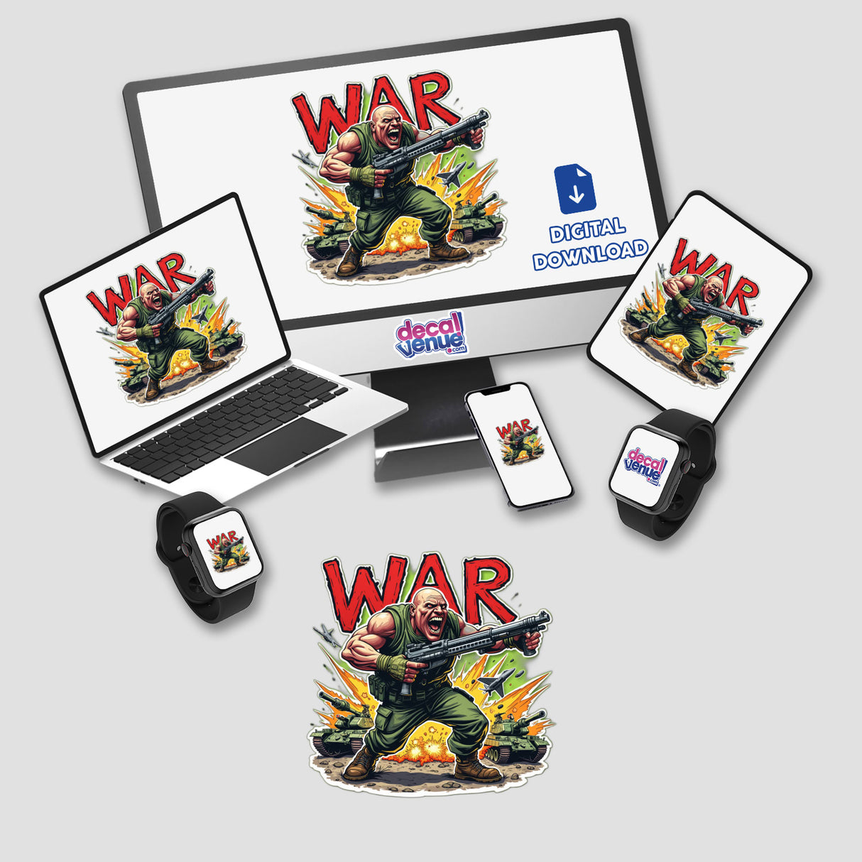 Soldado Brabo digital artwork displayed on a computer monitor and laptop, featuring a cartoon character holding a gun. Available as stickers or digital artwork at Decal Venue.