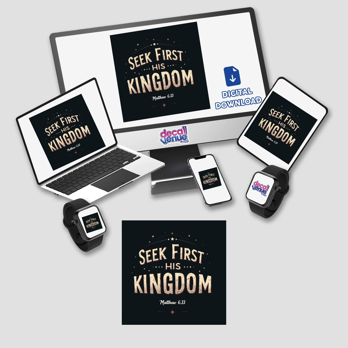 Seek First His Kingdom sticker or clipart featuring uplifting Christian affirmation inspired by Matthew 6:33, displayed on a laptop screen and phone, ideal for digital artwork or stickers with commercial rights.